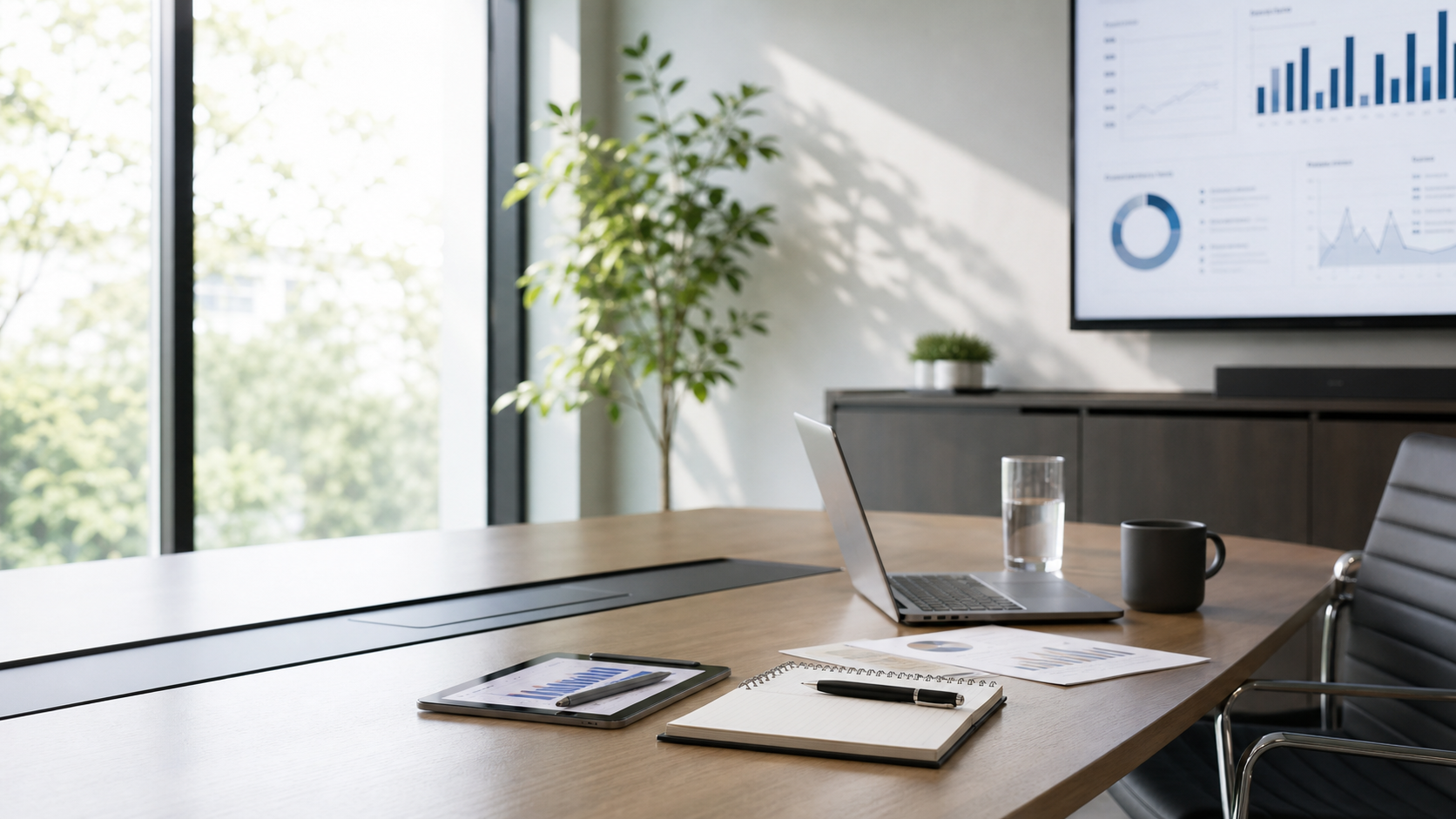 Modern consulting workspace with laptop, notebook, and business planning materials.